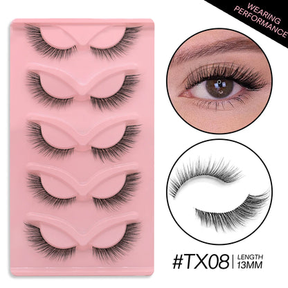 GROINNEYA 5 Pairs Cat Eye 3D Mink Lashes Short Fluffy Eyelashes Winged End Eye Elongated False Eyelashes Lashes Extension