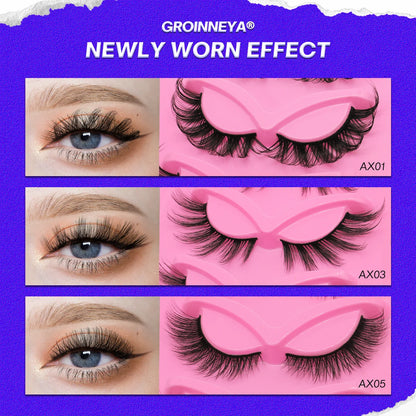 GROINNEYA 5 Pairs Cat Eye 3D Mink Lashes Short Fluffy Eyelashes Winged End Eye Elongated False Eyelashes Lashes Extension