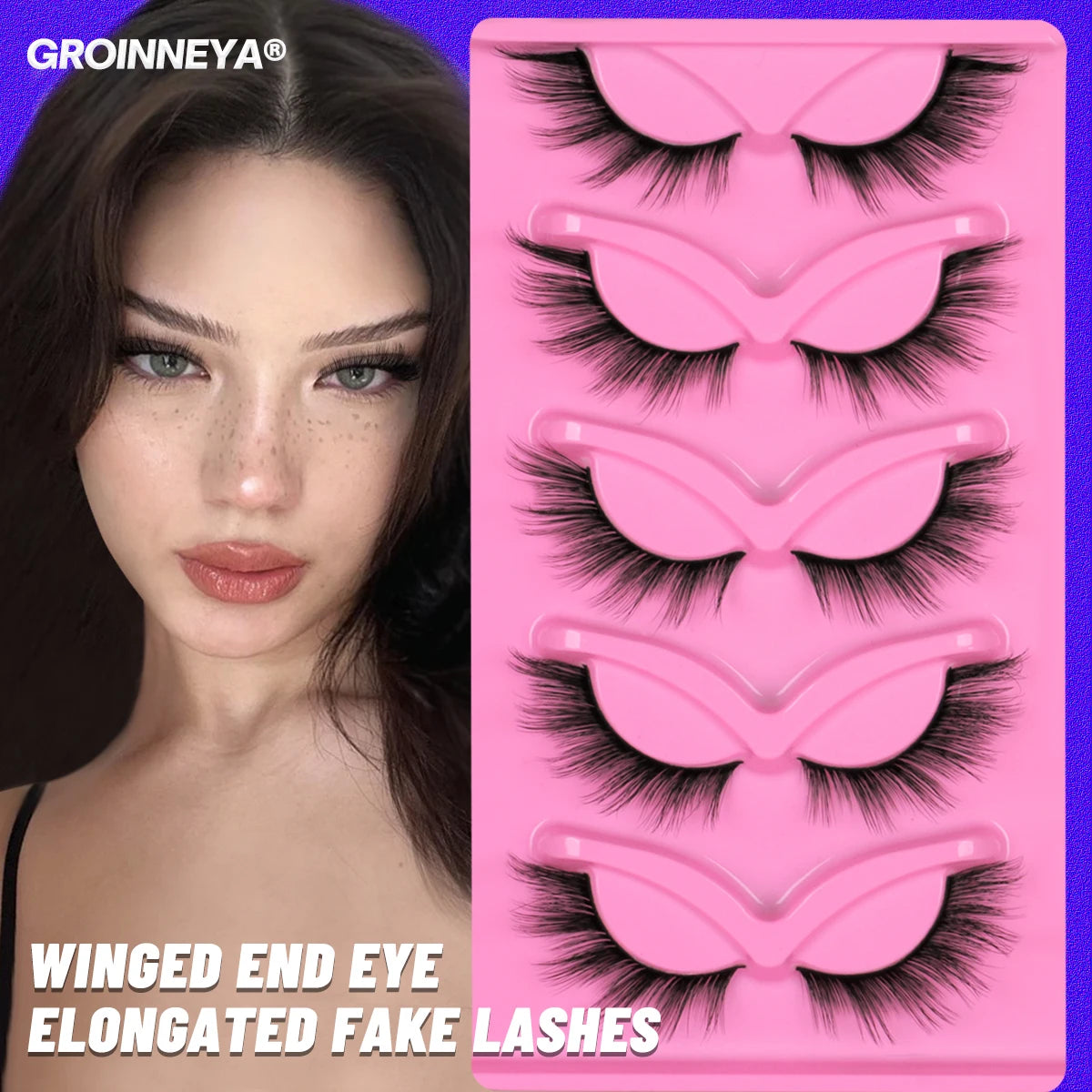 GROINNEYA 5 Pairs Cat Eye 3D Mink Lashes Short Fluffy Eyelashes Winged End Eye Elongated False Eyelashes Lashes Extension