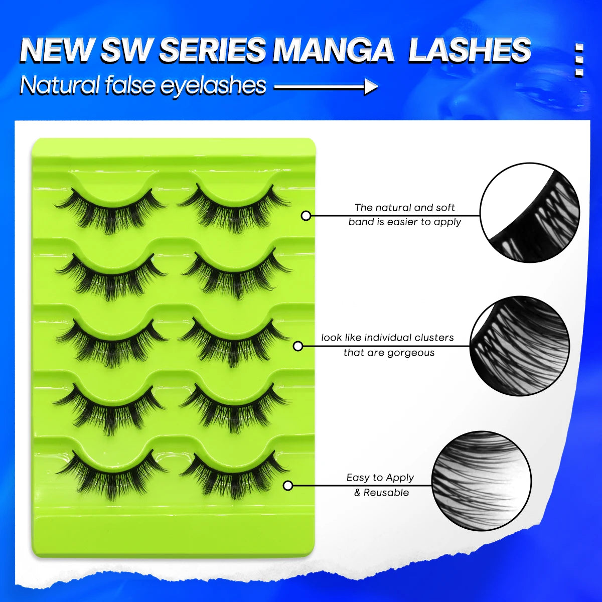 GROINNEYA Manga Lashes 5 pairs Eyelashes 3D Natural False Lashes Fluffy Soft Cross Winged Natural Realistic Eyelash Extension