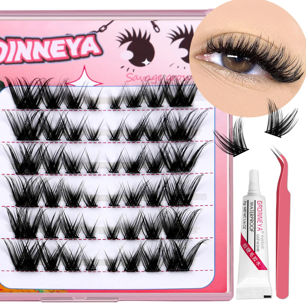 GROINNEYA Lash Clusters kit DIY 3D Faux Mink Lashes Individual Volume eyelashes set for gluing Lashes Extension Makeup