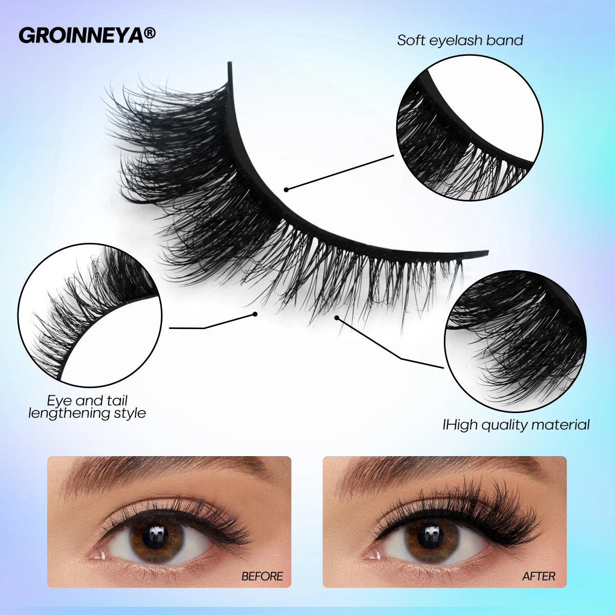 GROINNEYA 5/7 Cat Eye 3D Mink Lashes  Natural Eyelashes Winged End Eye Elongated  False Eyelashes lashes Extension