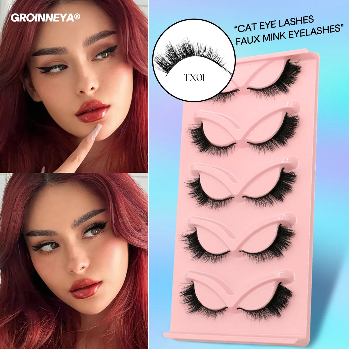 GROINNEYA 5/7 Cat Eye 3D Mink Lashes  Natural Eyelashes Winged End Eye Elongated  False Eyelashes lashes Extension