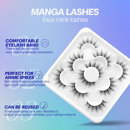 GROINNEYA 5 Pairs Eyelashes Manga Lashes Natural Cosplay False Lashes Fluffy Soft Cross Fairy Little Devil Lashes Extension