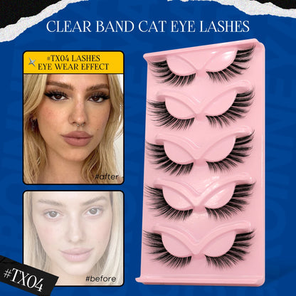 GROINNEYA Cat Eye Lashes Faux Mink Eyelashes Clear Band Lashes Winged End Eye Elongated Fake Lashes Soft Eyelashes Extension