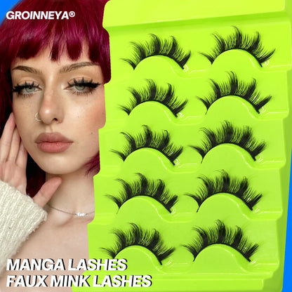 GROINNEYA Manga Lashes 5 pairs Eyelashes 3D Natural False Lashes Fluffy Soft Cross Winged Natural Realistic Eyelash Extension