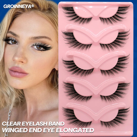 GROINNEYA Cat Eye Lashes Faux Mink Eyelashes Clear Band Lashes Winged End Eye Elongated Fake Lashes Soft Eyelashes Extension