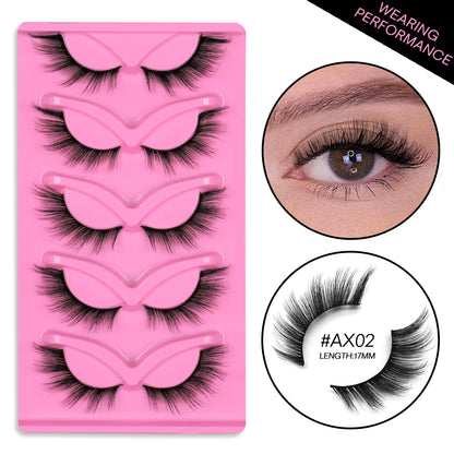 GROINNEYA 5 Pairs Cat Eye 3D Mink Lashes Short Fluffy Eyelashes Winged End Eye Elongated False Eyelashes Lashes Extension