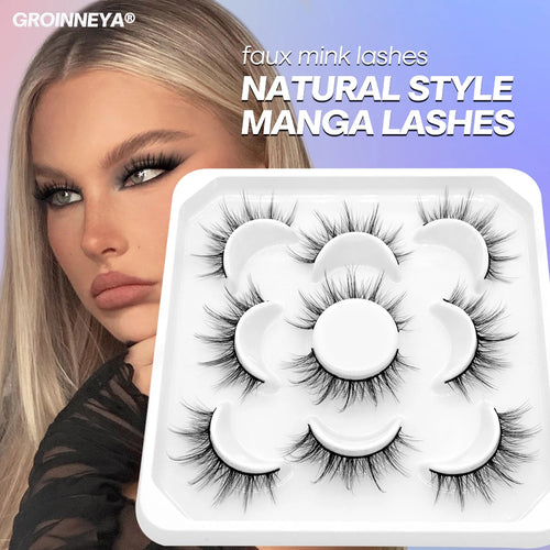 GROINNEYA 5 Pairs Eyelashes Manga Lashes Natural Cosplay False Lashes Fluffy Soft Cross Fairy Little Devil Lashes Extension