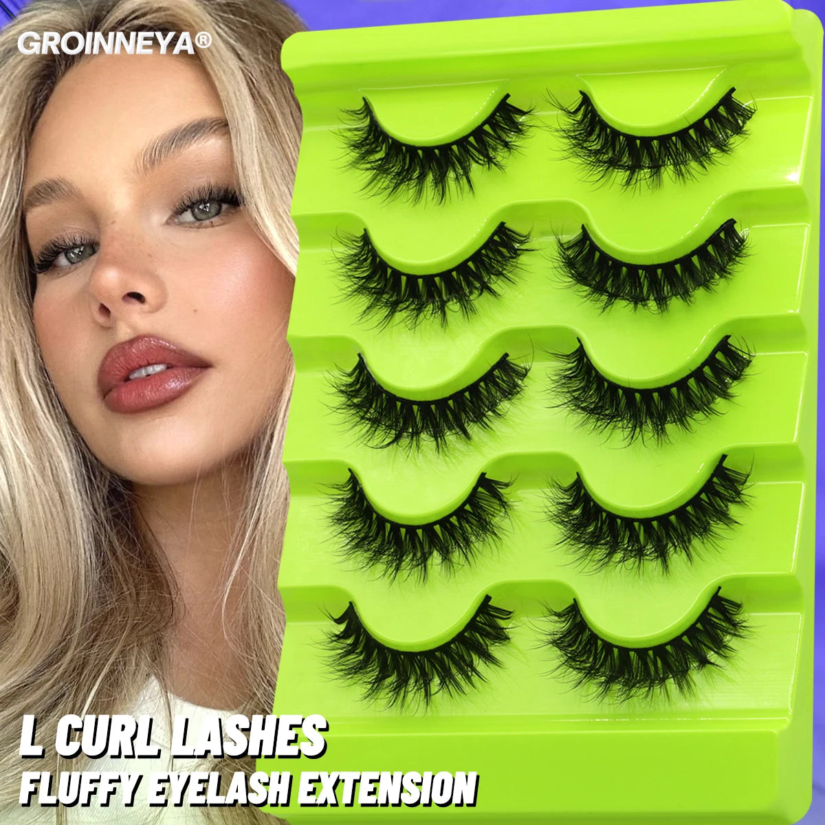 GROINNEYA 5 Pairs L Curl Lashes New Faux Mink Lashes 3D Mink Eyelashes Reusable Fluffy Eyelash Extension Makeup