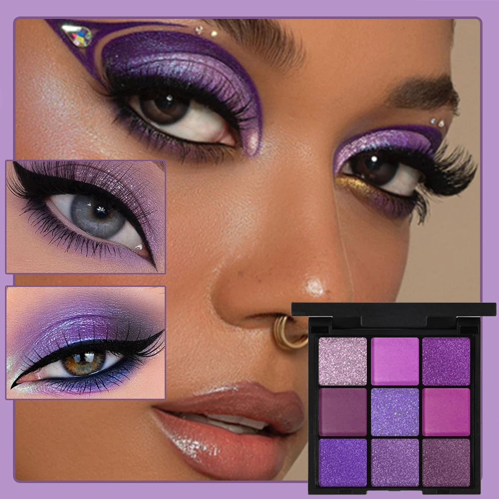 Groinneya 9-Grid Red & Purple Glitter Eyeshadow Palette