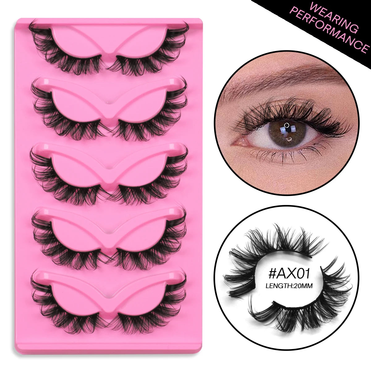 GROINNEYA 5 Pairs Cat Eye 3D Mink Lashes Short Fluffy Eyelashes Winged End Eye Elongated False Eyelashes Lashes Extension